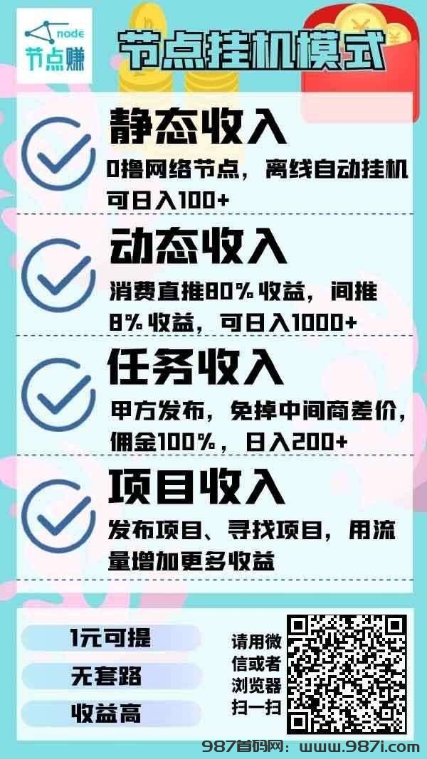 节点赚挂机项目：后台自动运行，永久收益，安全靠谱的零撸赚钱平台-987首码网