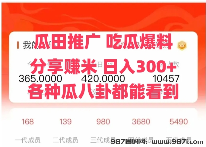 瓜田推广，分享吃瓜链接，有点击就有收溢，无限代模式，日入200+-987首码网