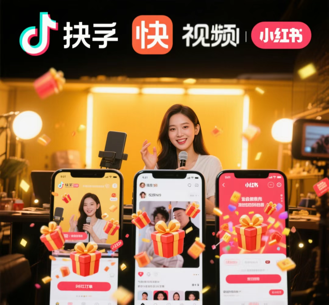 一女抖音快手视频号小红书三部手机